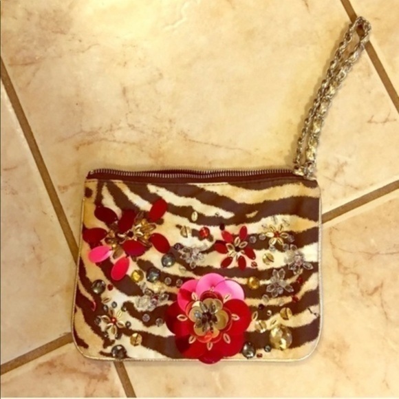 Express Handbags - Express Animal Print Floral Sequin Clutch